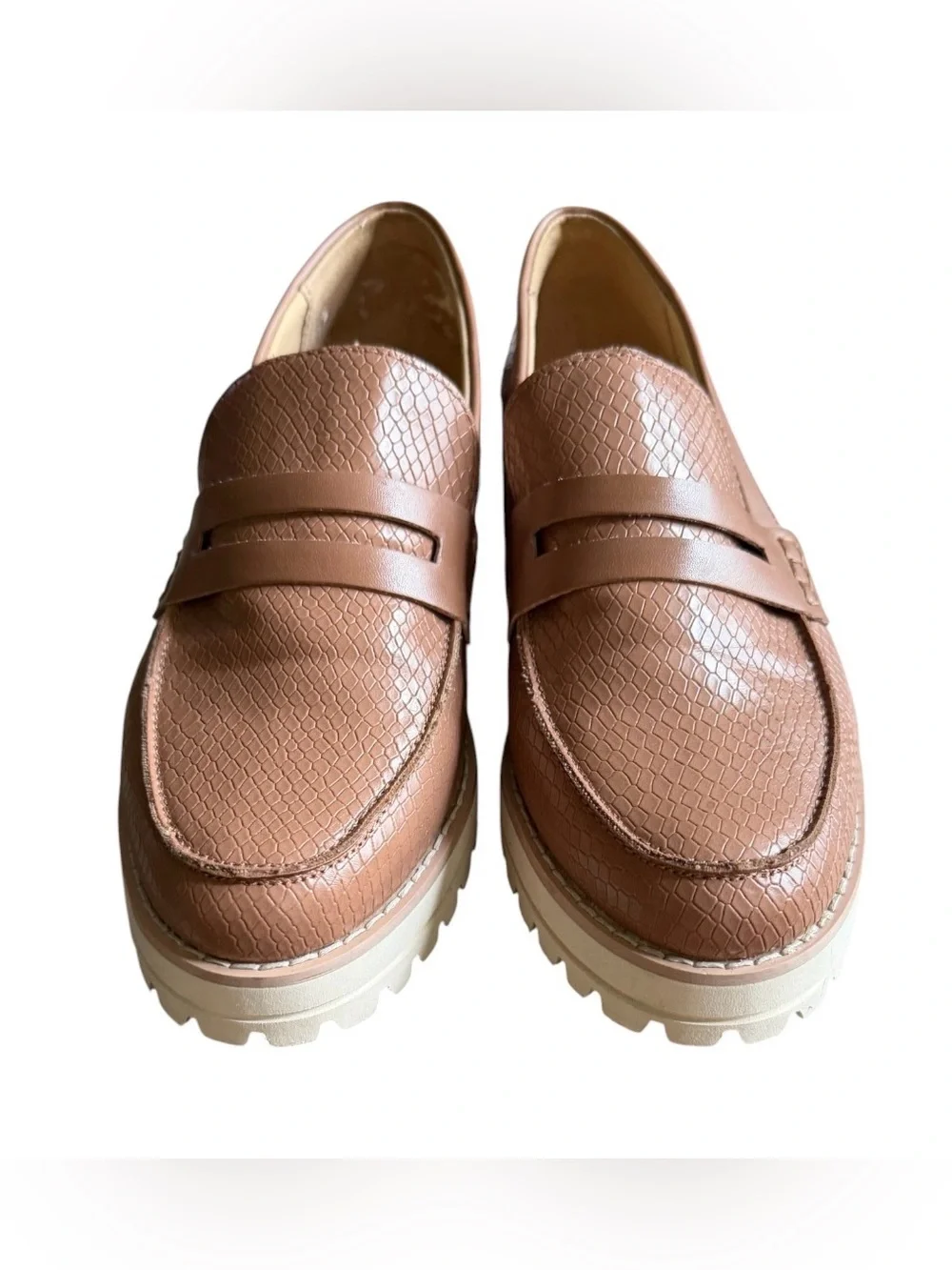 Dolce Vita Abbott Penny Loafers Tan Snake Textured Platform Lug Shoes Size 8.5